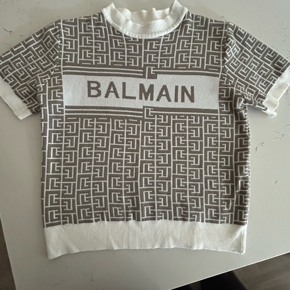 Balmain White and Brown Patterned Crewneck Sweater